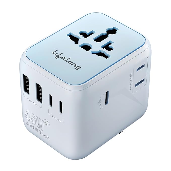 Lifelong Electronics 2500W Universal Travel Adapter All in One | 3 Type-C 45W PD & 2 USB-A 18W QC 3.0 | Dual Fuse Protection | 180+ Countries - Europe/US/Asia etc | International Socket