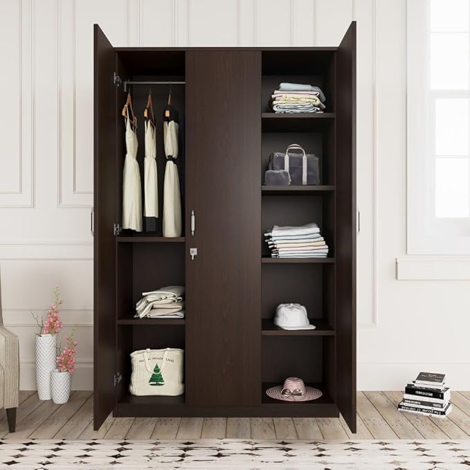 Nilkamal Willy Neo 3 Door Wooden Wardrobe Without Mirror for Bedroom | Almirah with 1 Hanging Rod, 8 Shelves | Clothes Cupboard | Engineered Wood | Wenge
