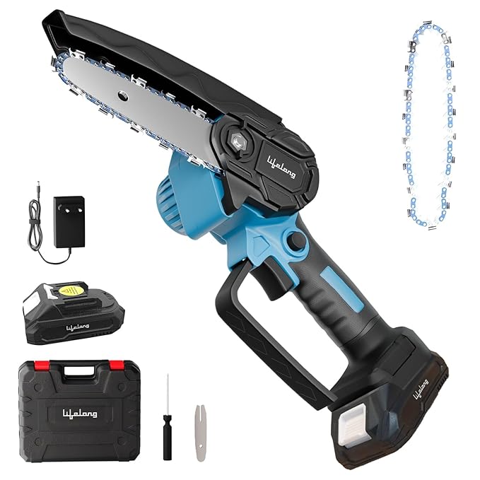 Lifelong 21V Cordless Mini Chainsaw Machine | 550W Copper Motor | 1.5Ah Battery | Tree Branch Cutter Tool | Wood Cutting Machine for Home | Wood Cutter Tool Machine | Spare Chain | Gardening, DIY Use