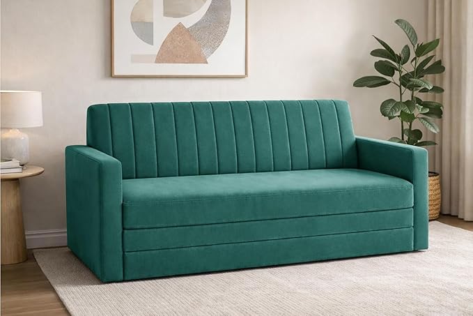 Sofa-Cum-Bed | 3-Seater Foladable Couch with Armrest | Modern Fabric Sofa Bed for Living Room, Bedroom & Office - Green Color