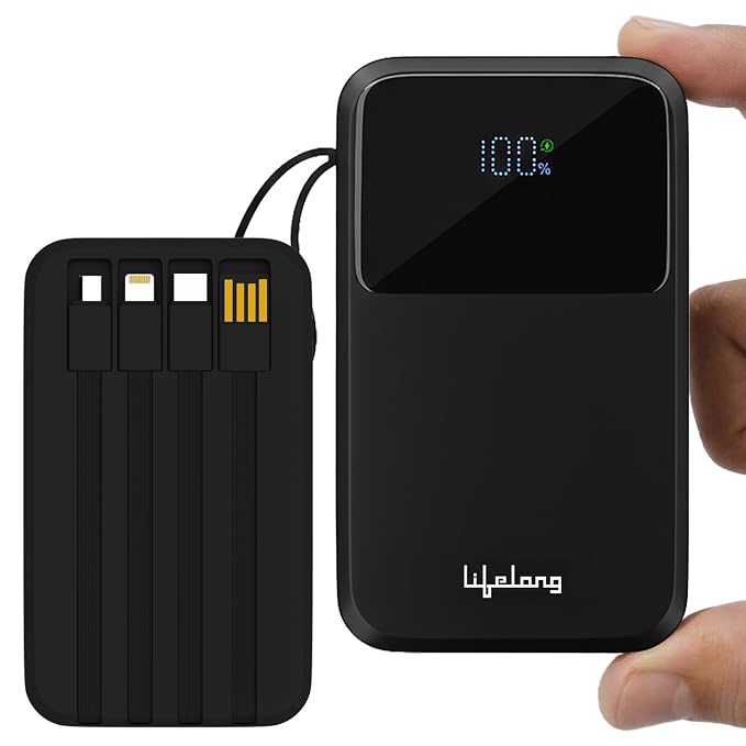 Lifelong Electronics 20000mAh 22.5W Fast Charging Power Bank | 3 Inputs (1 Built-in USB A Cable + 1 C + 1 Lightning Port) & 6 Outputs (3 Built-in Cables + 1 C + 2 A Port) | Small Pocket Size Powerbank