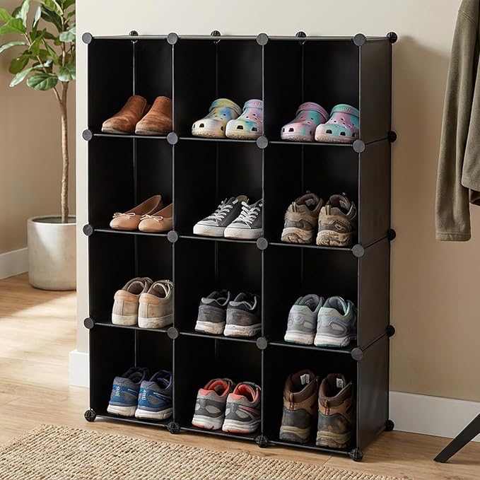 amazon basics 12-Cube Storage Organizer with Clear Front Doors | 95.5 × 32 × 126 cm | Black | PP + Iron | Stackable, Dustproof & Easy Assembly